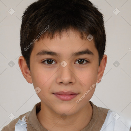 Joyful white child male with short  brown hair and brown eyes