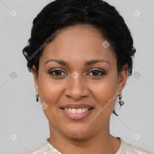 Joyful latino young-adult female with short  brown hair and brown eyes