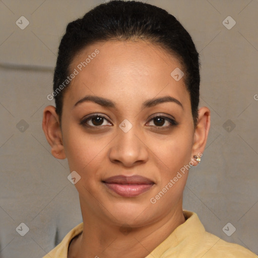 Joyful latino young-adult female with short  brown hair and brown eyes