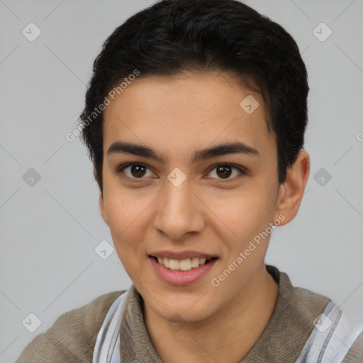 Joyful latino young-adult female with short  brown hair and brown eyes