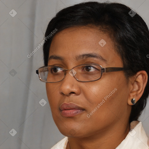 Joyful asian adult female with short  brown hair and brown eyes