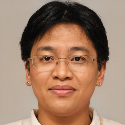 Joyful asian adult male with short  brown hair and brown eyes