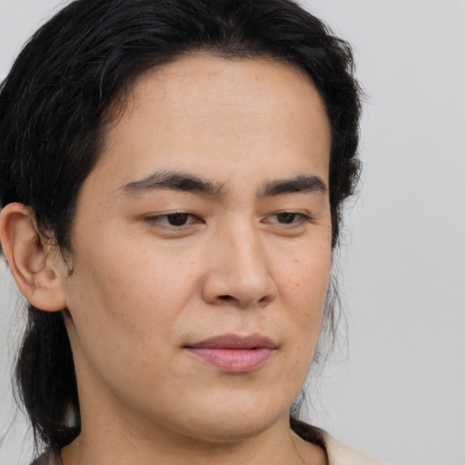Neutral asian young-adult male with long  brown hair and brown eyes