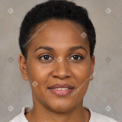 Joyful black young-adult female with short  brown hair and brown eyes