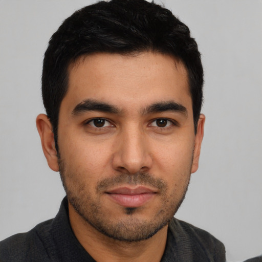 Neutral asian young-adult male with short  black hair and brown eyes