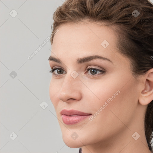 Neutral white young-adult female with medium  brown hair and grey eyes