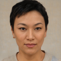 Neutral asian young-adult female with short  black hair and brown eyes