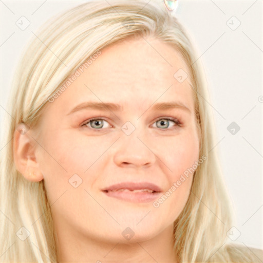 Joyful white young-adult female with long  brown hair and blue eyes