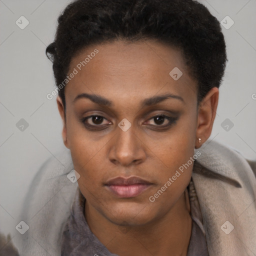 Neutral black young-adult female with short  black hair and brown eyes