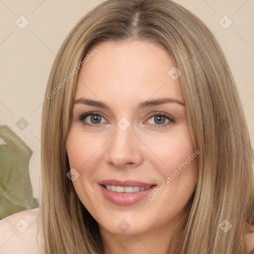 Joyful white adult female with long  brown hair and brown eyes