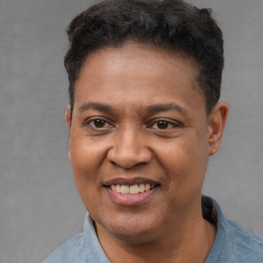 Joyful latino adult male with short  black hair and brown eyes