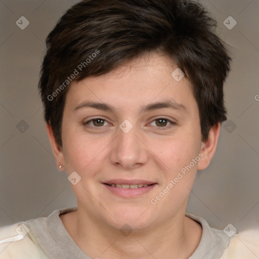 Joyful white young-adult female with short  brown hair and brown eyes