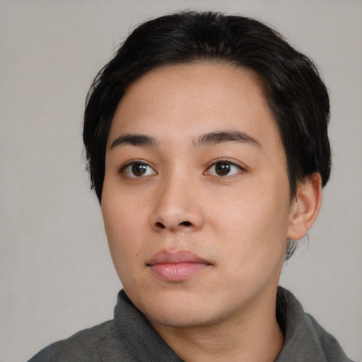 Neutral asian young-adult male with short  black hair and brown eyes