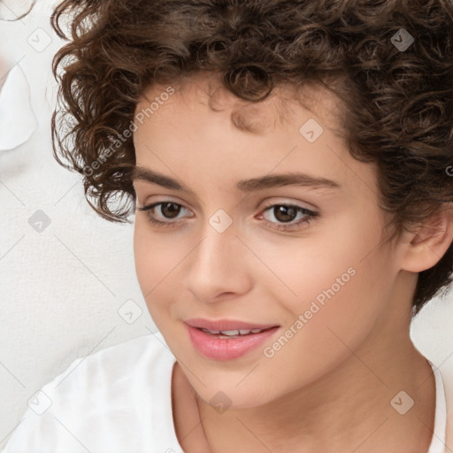 Joyful white child female with medium  brown hair and brown eyes