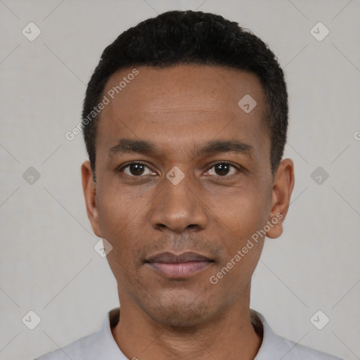 Neutral black young-adult male with short  black hair and brown eyes