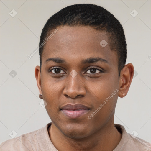 Neutral black young-adult male with short  black hair and brown eyes