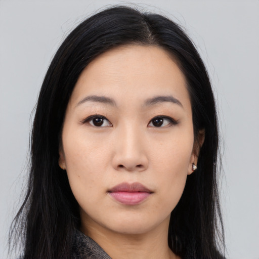 Neutral asian young-adult female with long  black hair and brown eyes