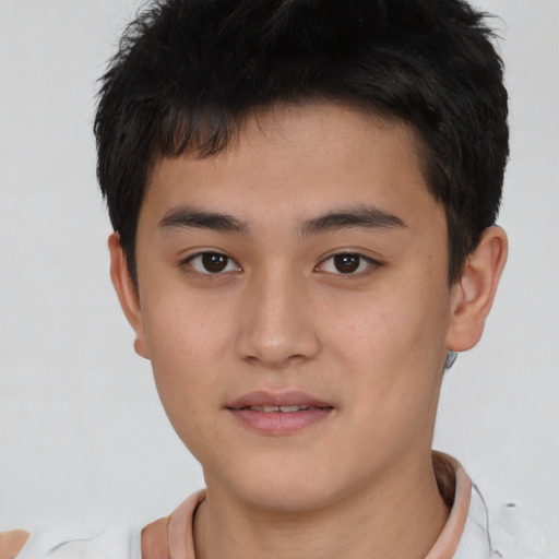 Neutral asian young-adult male with short  brown hair and brown eyes