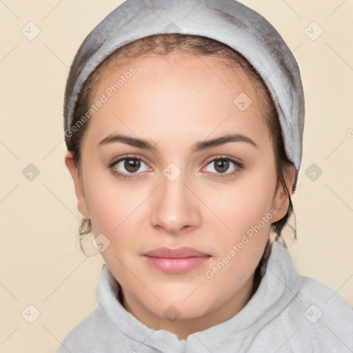 Neutral white young-adult female with medium  brown hair and brown eyes