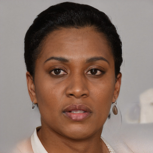 Neutral black young-adult female with short  brown hair and brown eyes