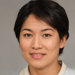 Joyful asian young-adult female with medium  brown hair and brown eyes