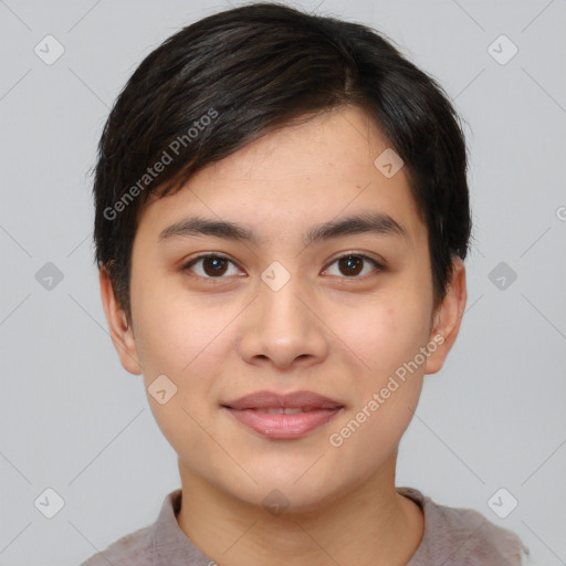 Joyful asian young-adult female with short  brown hair and brown eyes