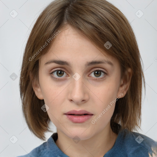 Neutral white young-adult female with medium  brown hair and grey eyes