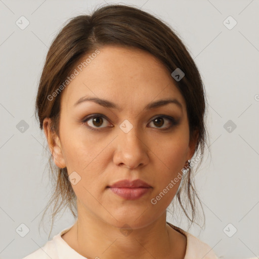 Neutral white young-adult female with medium  brown hair and brown eyes