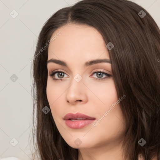 Neutral white young-adult female with long  brown hair and brown eyes