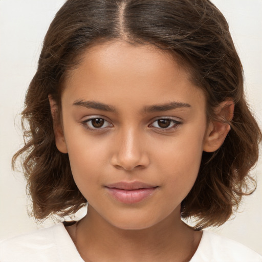 Joyful white child female with medium  brown hair and brown eyes