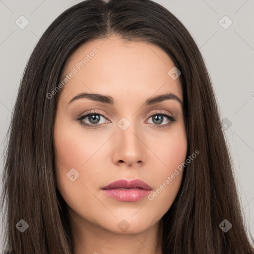 Neutral white young-adult female with long  brown hair and brown eyes