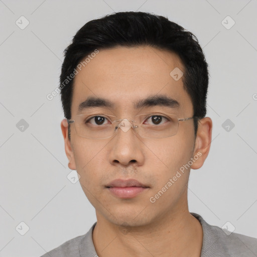 Neutral asian young-adult male with short  black hair and brown eyes