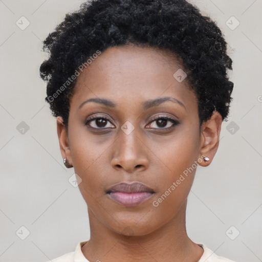 Neutral black young-adult female with short  black hair and brown eyes