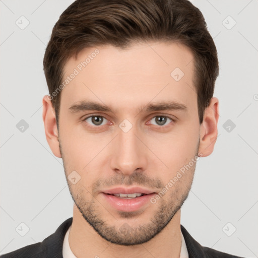 Neutral white young-adult male with short  brown hair and brown eyes