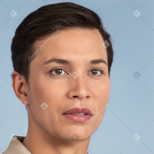 Joyful white young-adult male with short  brown hair and brown eyes