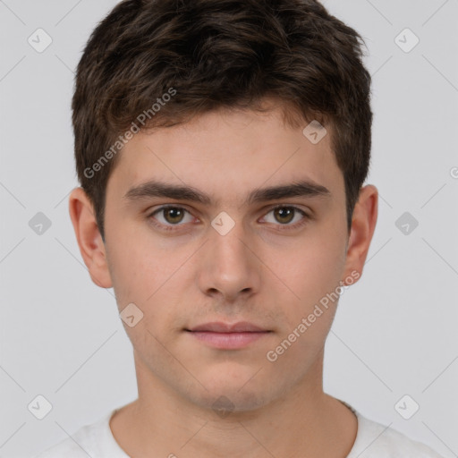 Neutral white young-adult male with short  brown hair and brown eyes