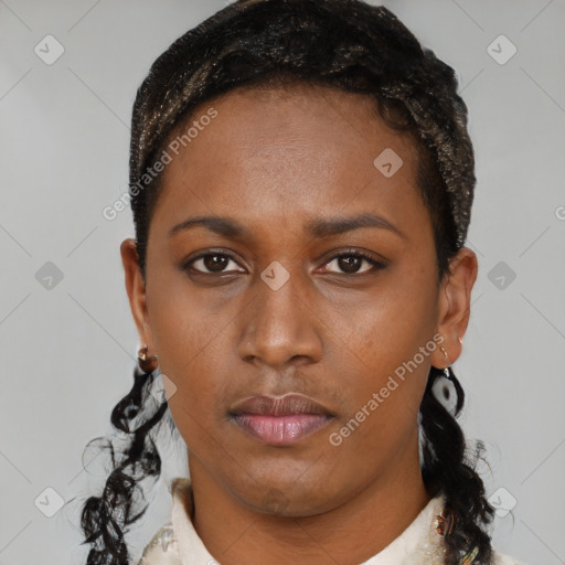 Neutral black young-adult female with short  brown hair and brown eyes
