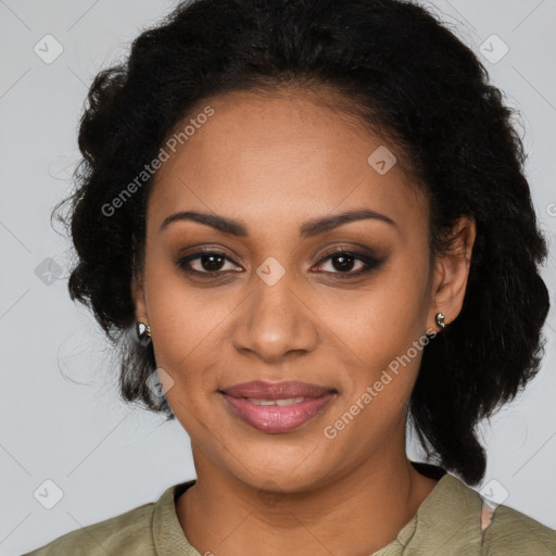 Joyful black young-adult female with medium  black hair and brown eyes