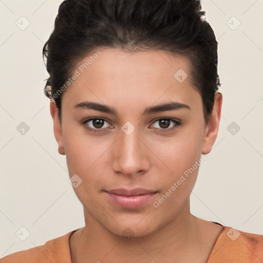 Neutral white young-adult female with short  brown hair and brown eyes