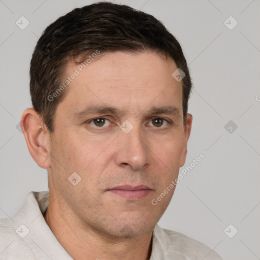 Neutral white adult male with short  brown hair and brown eyes