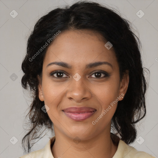 Joyful black young-adult female with medium  brown hair and brown eyes