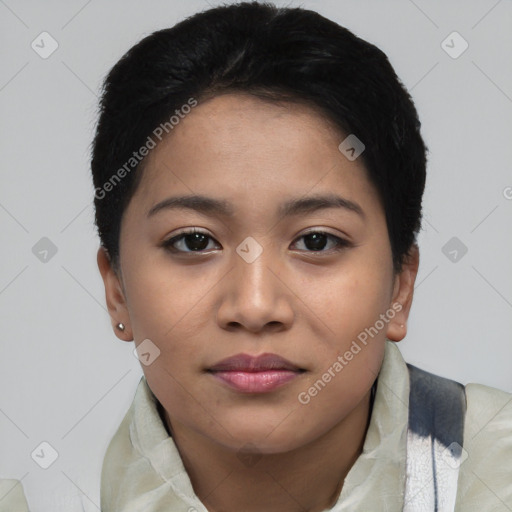 Neutral asian young-adult female with short  black hair and brown eyes