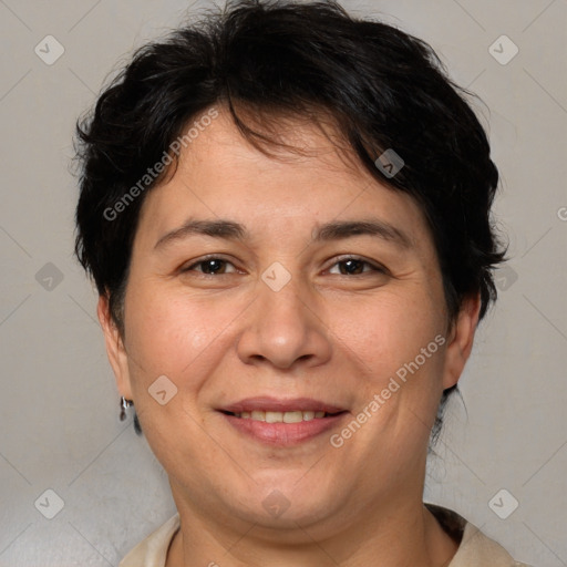 Joyful white adult female with short  brown hair and brown eyes