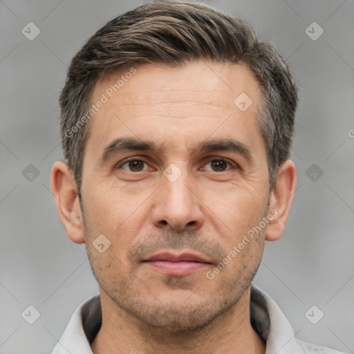 Neutral white adult male with short  brown hair and brown eyes