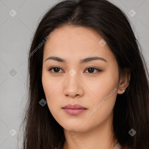 Neutral asian young-adult female with long  brown hair and brown eyes