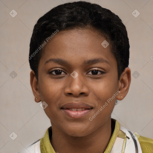 Joyful latino young-adult female with short  black hair and brown eyes