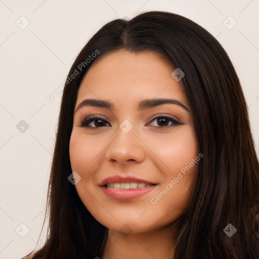 Joyful latino young-adult female with long  brown hair and brown eyes