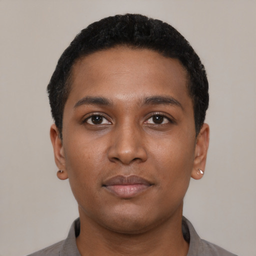 Neutral black young-adult male with short  black hair and brown eyes