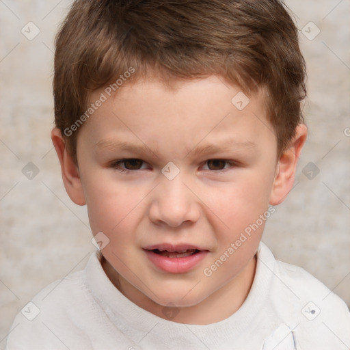 Joyful white child male with short  brown hair and brown eyes