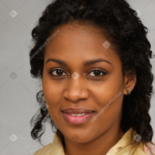 Joyful black young-adult female with medium  brown hair and brown eyes